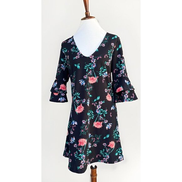 The Vanity Room Women’s Black Floral V-Neck Ruffle Sleeve Dress Size L NWOT - Picture 13 of 13